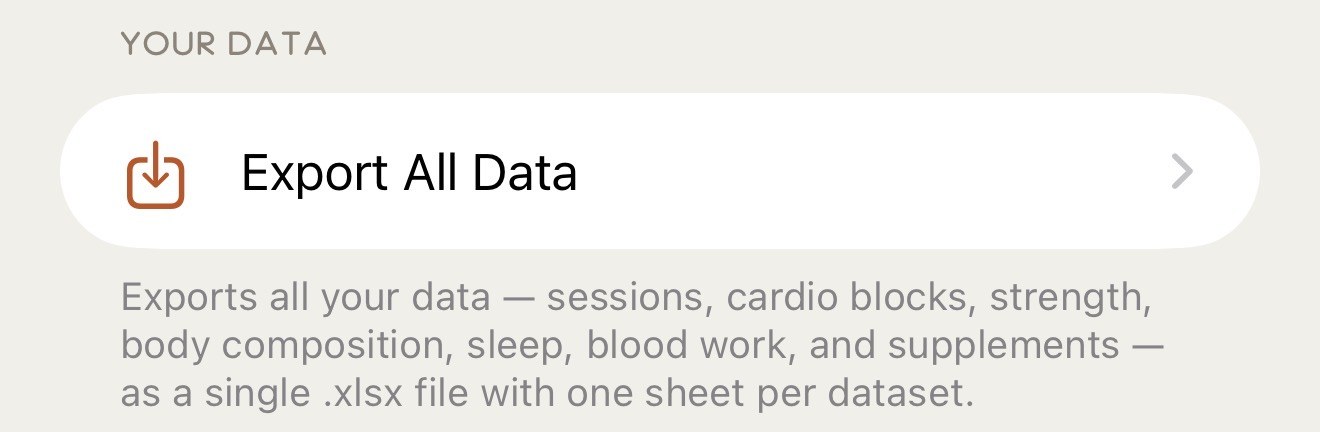 An Export All Data control that produces a single .xlsx file with one sheet per dataset: sessions, cardio blocks, strength, body composition, sleep, blood work and supplements