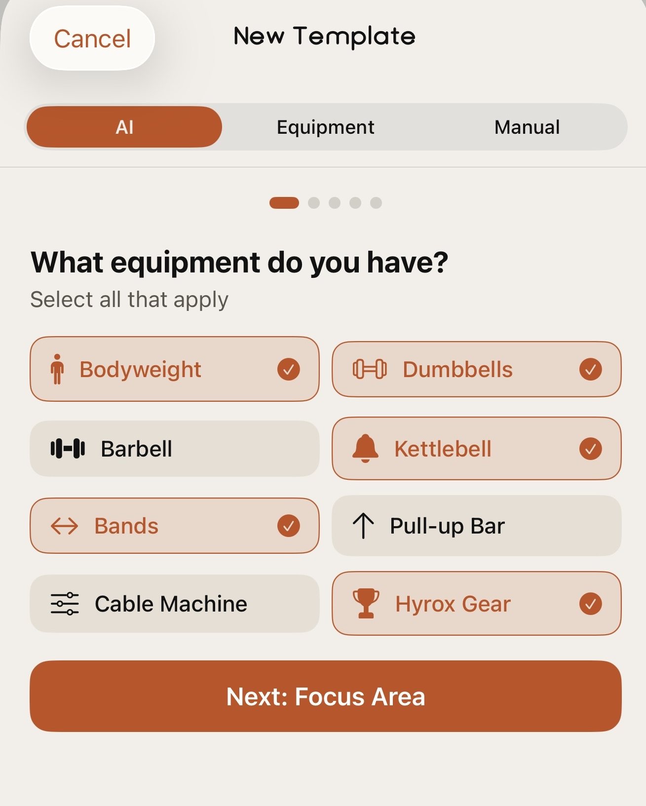 Selecting available equipment: bodyweight, dumbbells, kettlebell, bands, Hyrox gear