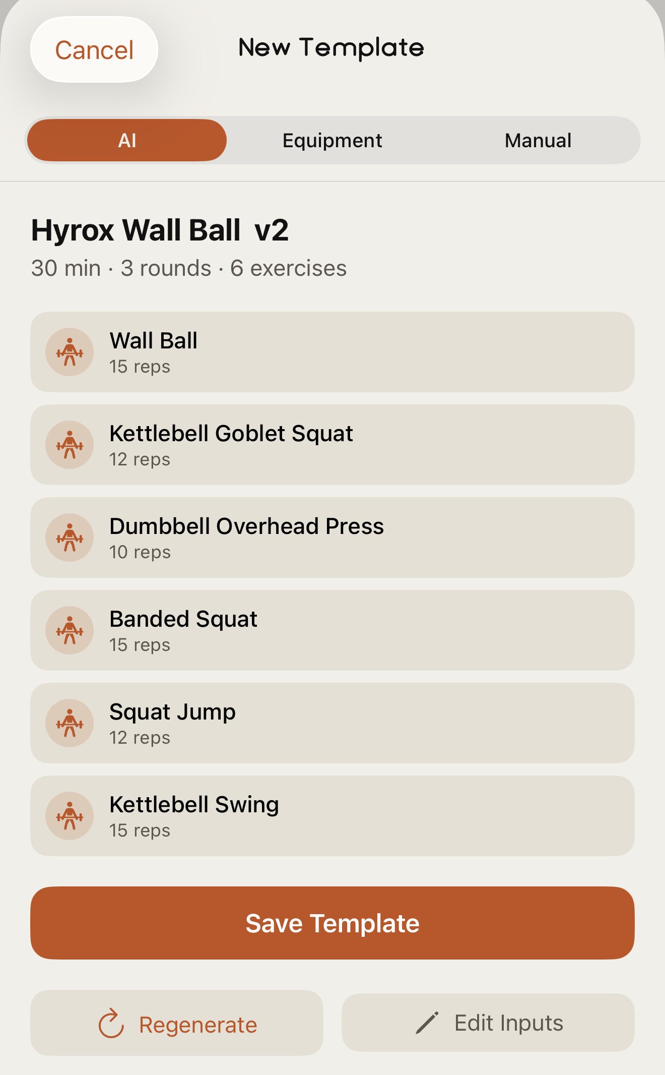 The generated template: a 30-minute, 3-round, 6-exercise Hyrox wall-ball session