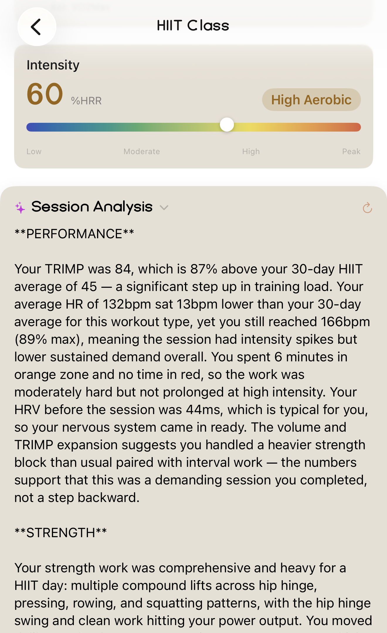 Enva Intelligence session analysis on a completed HIIT workout