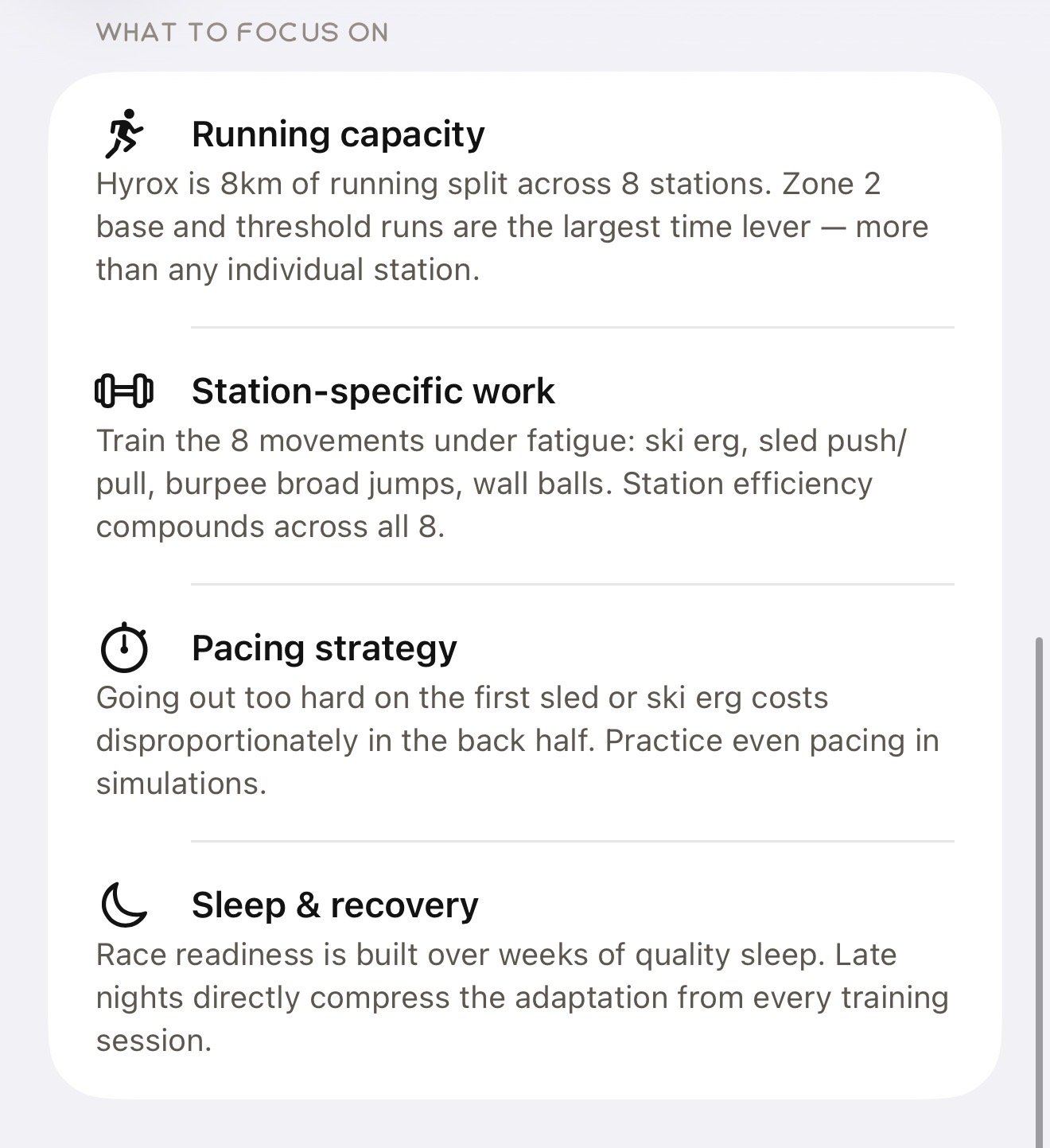 What to focus on: running capacity as the largest time lever, station-specific work under fatigue, pacing strategy, and sleep and recovery