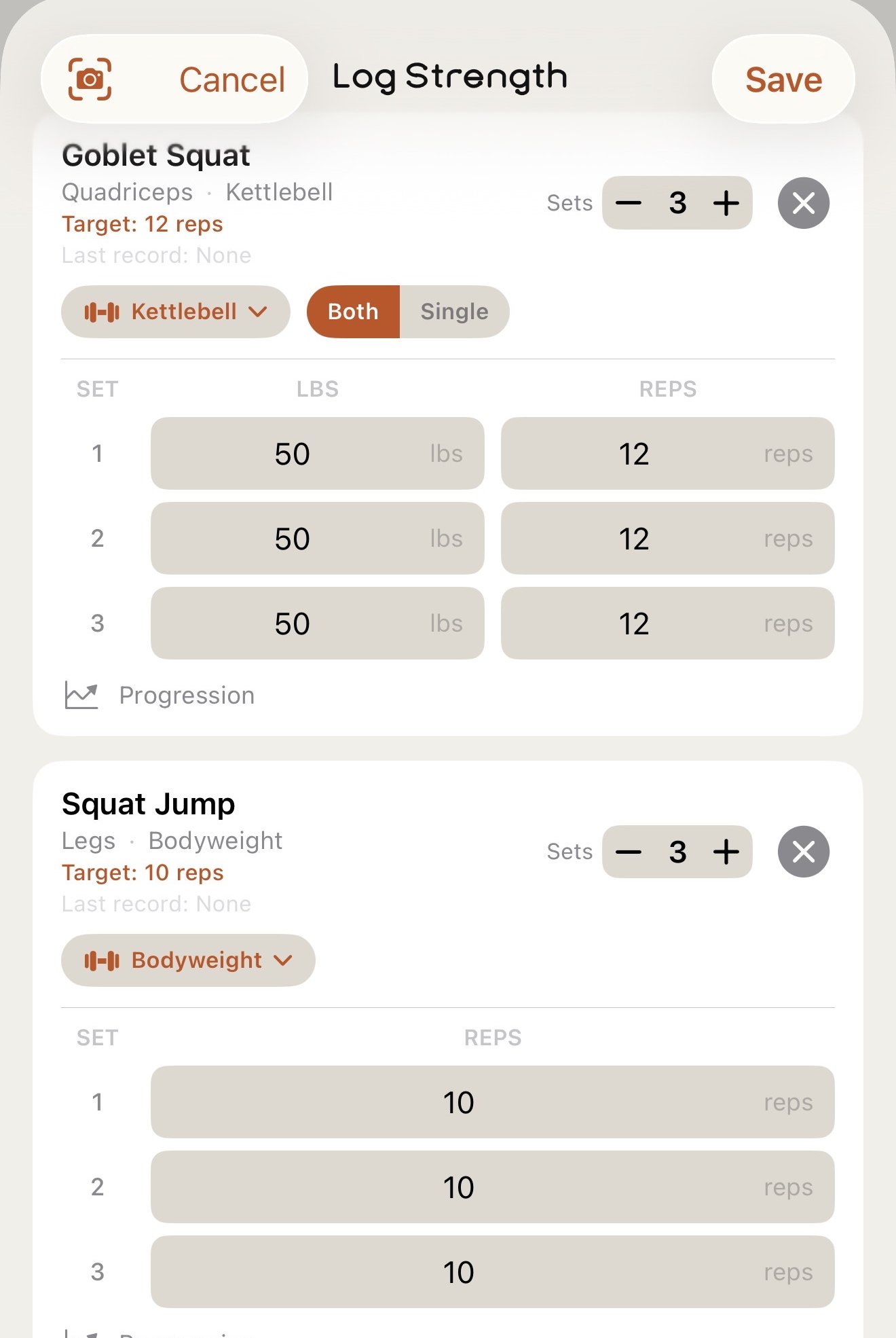 The Log Strength screen: goblet squat, squat jump and overhead press, each with per-set weight and reps and a progression link