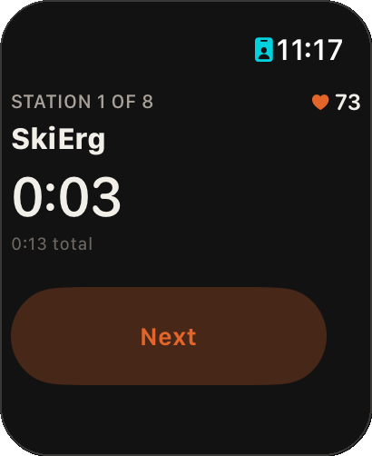 Apple Watch: Station 1 of 8, SkiErg, segment timer, Next