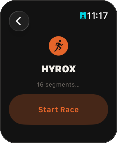 Apple Watch: Hyrox race, 16 segments, Start Race
