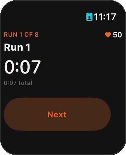 Apple Watch: Run 1 of 8, segment timer, heart rate