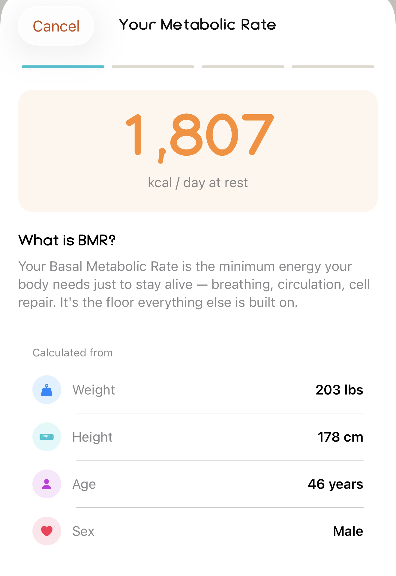 Your Metabolic Rate: 1,807 kcal per day at rest, calculated from weight, height, age and sex