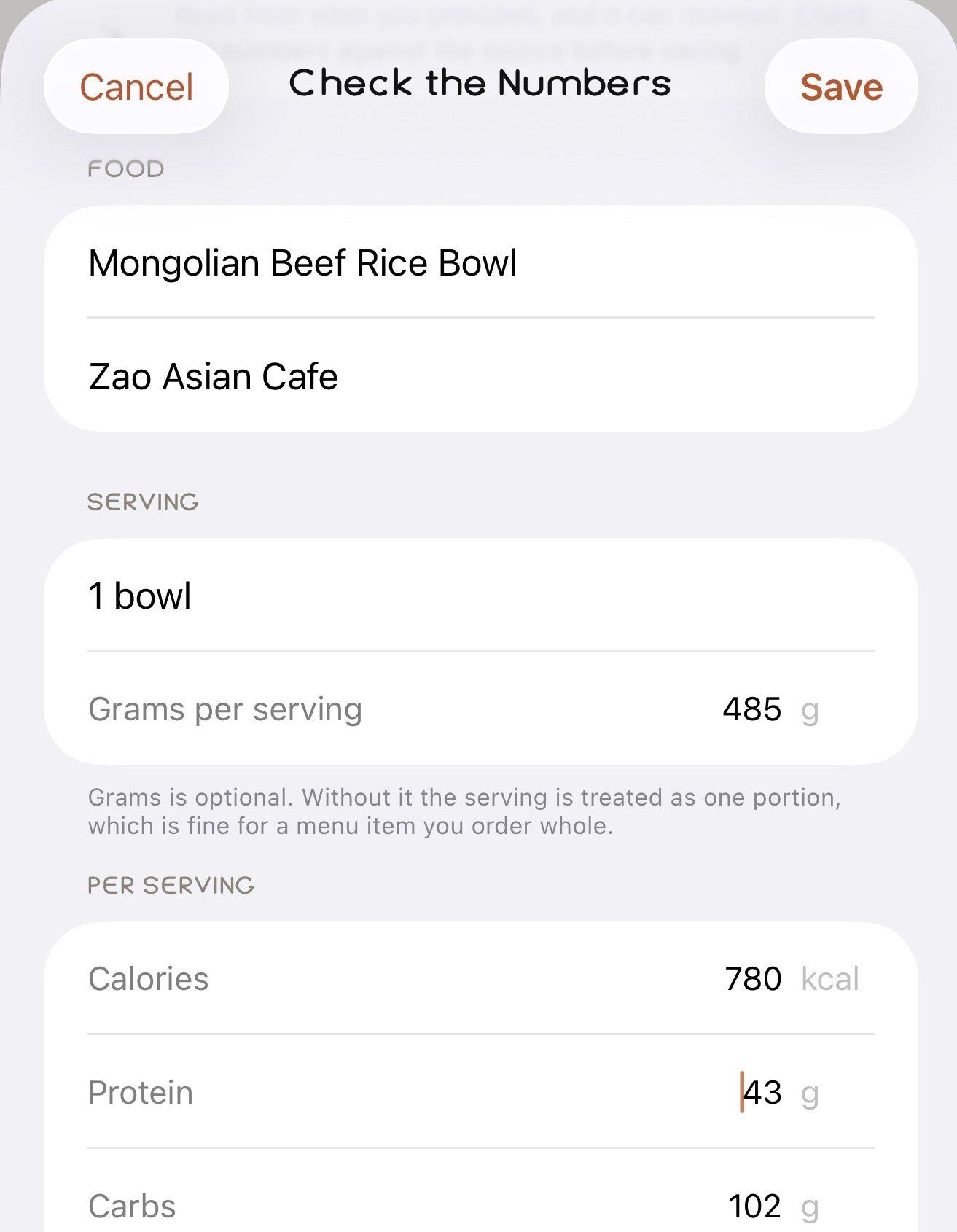 An estimated restaurant meal: name, cafe, serving size and per-serving calories and macros, ready to check and save