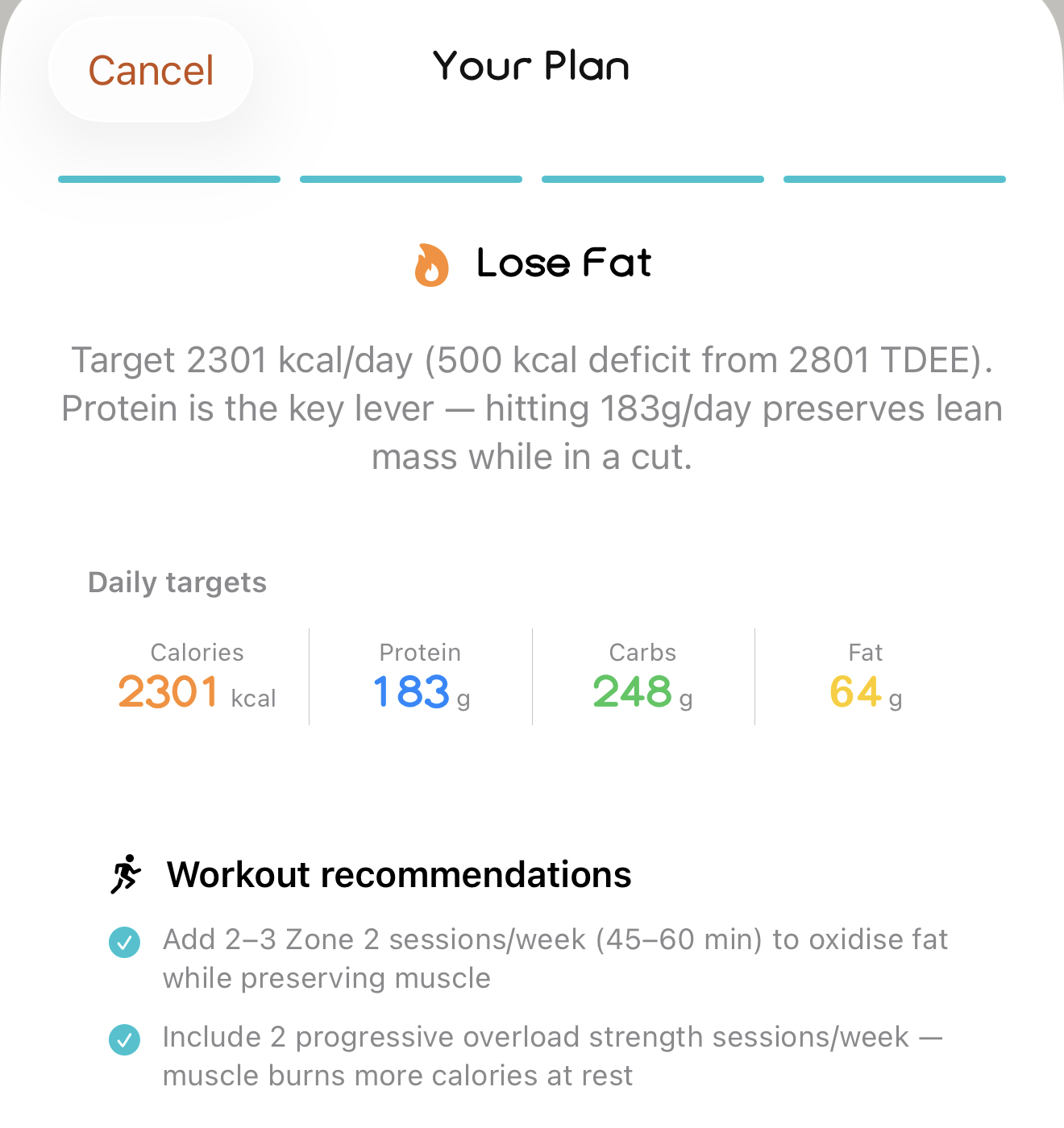 Your Plan: a 2,301 kcal fat-loss target with protein, carb and fat goals and workout recommendations