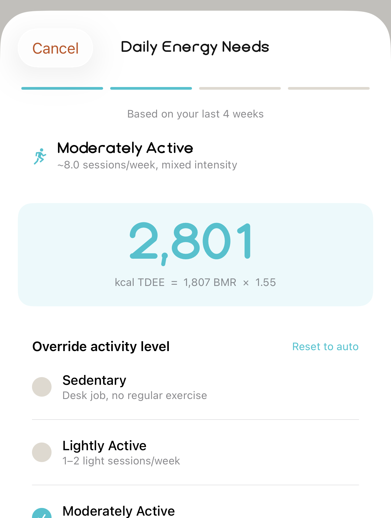 Daily Energy Needs: 2,801 kcal TDEE, computed as BMR times an activity factor from your last 4 weeks of training