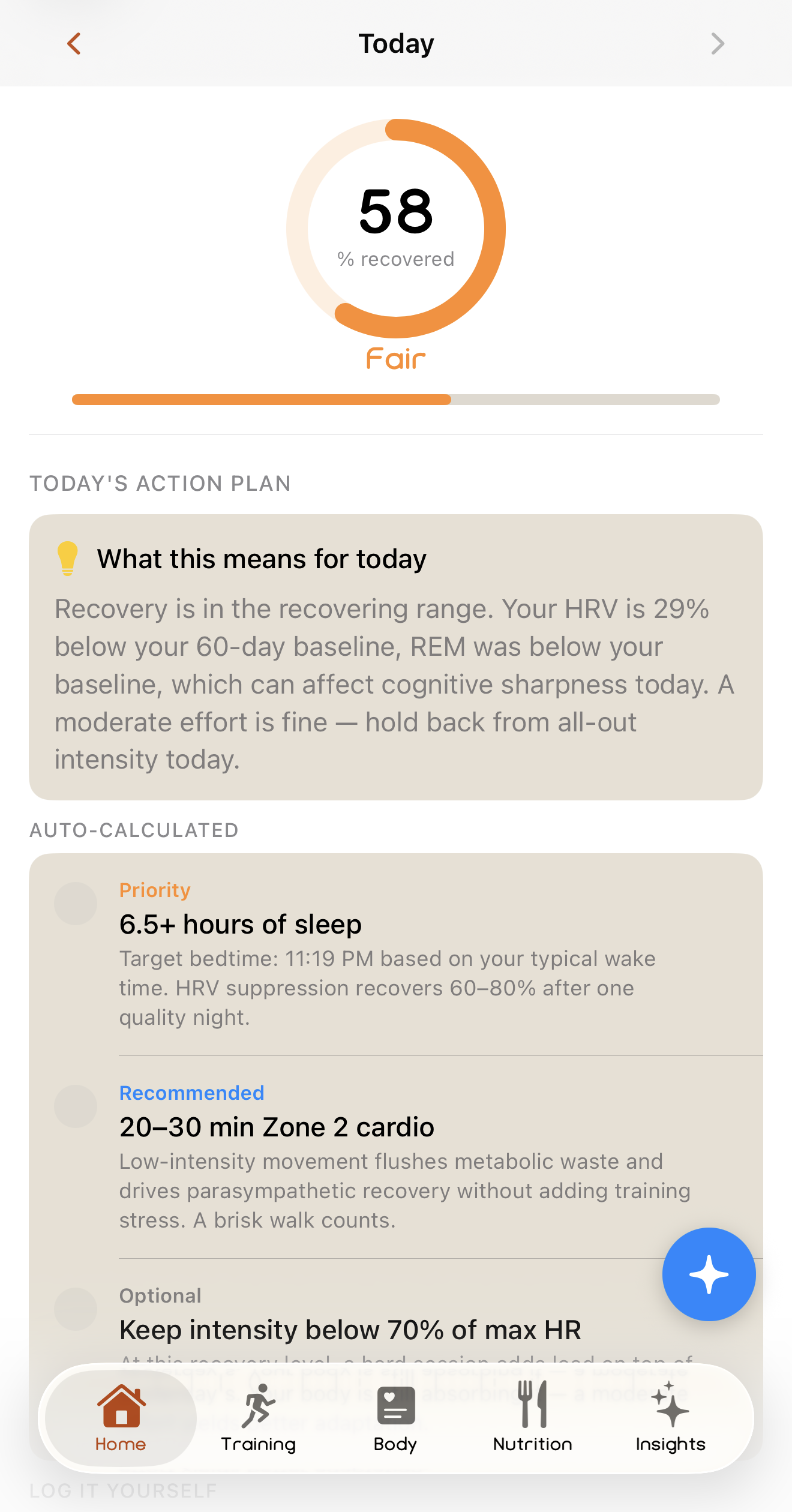 The Recovery screen: a 58 percent recovered score, a plain-language read of what it means, and a ranked action plan
